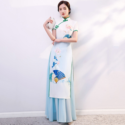 Blue pink floral aodai qipao dresses for women girls chinese oriental cheongsam modified young Chinese wind long show  gown for women