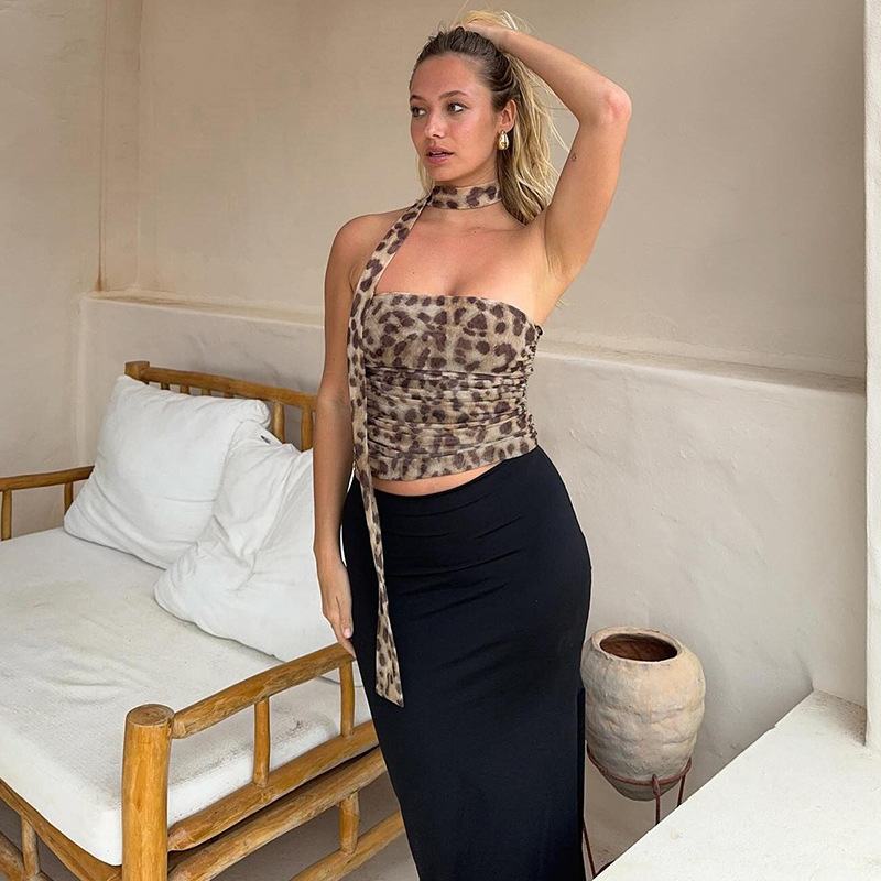 112g Weight Polyester Fabric Type Short Top Length Bandeau Tops Type Holiday Occasion Strapless Neckline Slim Fit Type Leopard Pattern Summer Season Women's Gender Backless Design Sexy, Streetwear Style Wholesale Women's Sexy Streetwear Leopard Backless Tank Tops 无