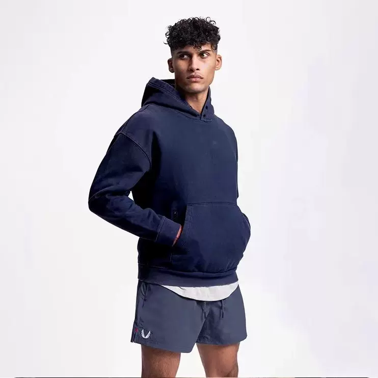 肌肉美式潮流落肩纯色套头连帽衫 男女宽松运动休闲卫衣 跨境大码