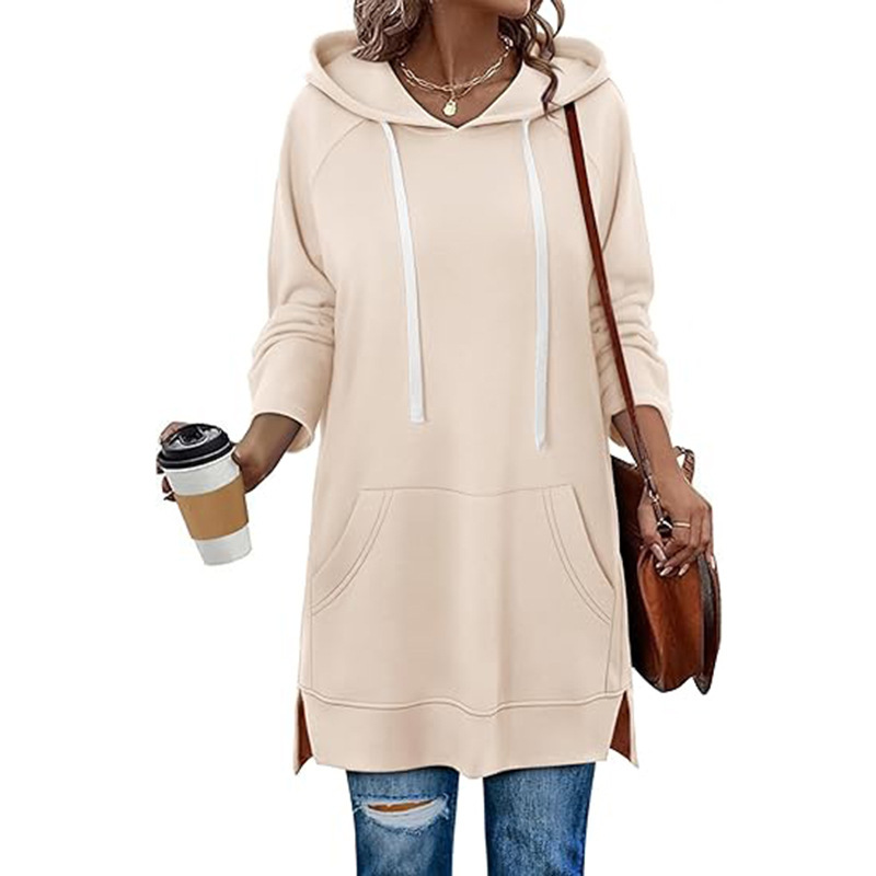 European and American Cross-Border Women's Hoodie Dress Pocket Casual Loose Hoodie Pullover Slit Drawstring Mid-Length Sweatshirt