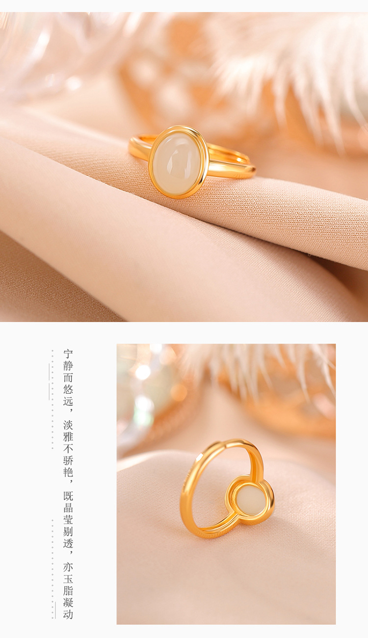 Nhẫn bạc S925 mạ vàng nước đỏ đính ngọc thanh thủy mặt trứng phong cách retro — Kiểu ngọc bích chi tiết 4