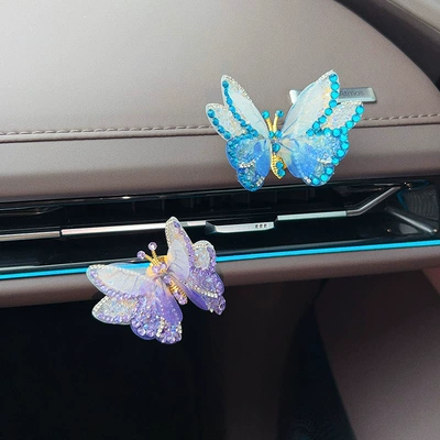 butterfly car ornament for electric: Car ornaments - 2-diamond-encrusted-three-dimensional-butterflies-blue-purple-with-adhesive