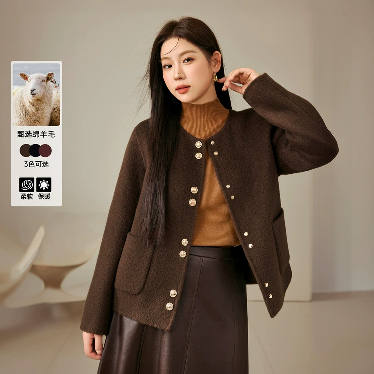 Сплошное шоу большого размера женская ретро темпераментный круглый воротник, дикая короткая двусторонняя шерстяная куртка жирный mm2024 зимний новый стиль