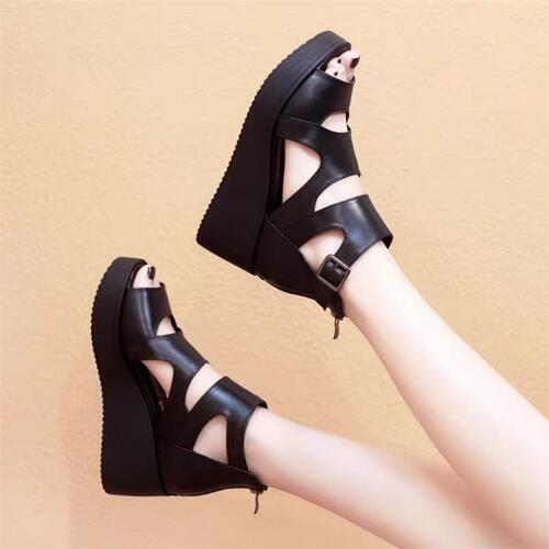 Spring and Summer Sandals Women's High Heels Platform Thick-Soled Ankle Boots Wedge Fishmouth Shoes Hollow-out Roman Shoes Breathable