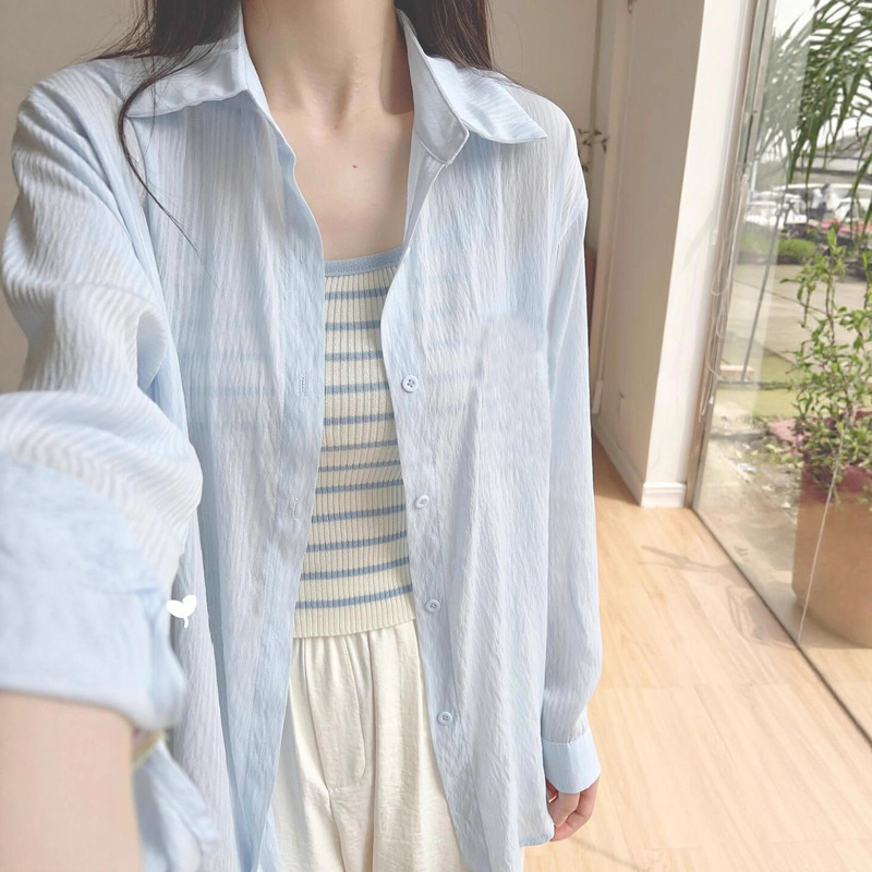 Sun Protection Shirt Jacket for Women, Summer 2026 Thin New Blue French-Style Petite Shirt, Niche Early Spring Top