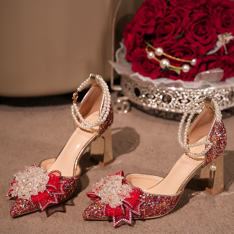 蝴蝶结水钻亮片高跟鞋女粗跟秋季新款婚礼新娘鞋婚鞋气质宴会单鞋