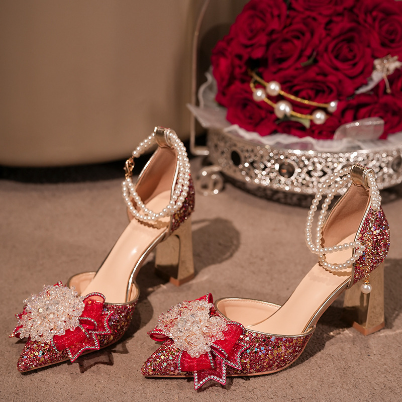 Bow Rhinestone Sequin High Heels Women's Thick Heel Autum New Wedding Bridal Shoes Wedding Shoes Elegant Banquet Shoes Bow Rhinestone Sequin High Heels Women's Thick Heel Autum New Wedding Bridal Shoes Wedding Shoes Elegant Banquet Shoes