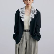 2024宽松蕾丝拼接黑色条纹西装外套女休闲垫肩气质上衣早秋图片色