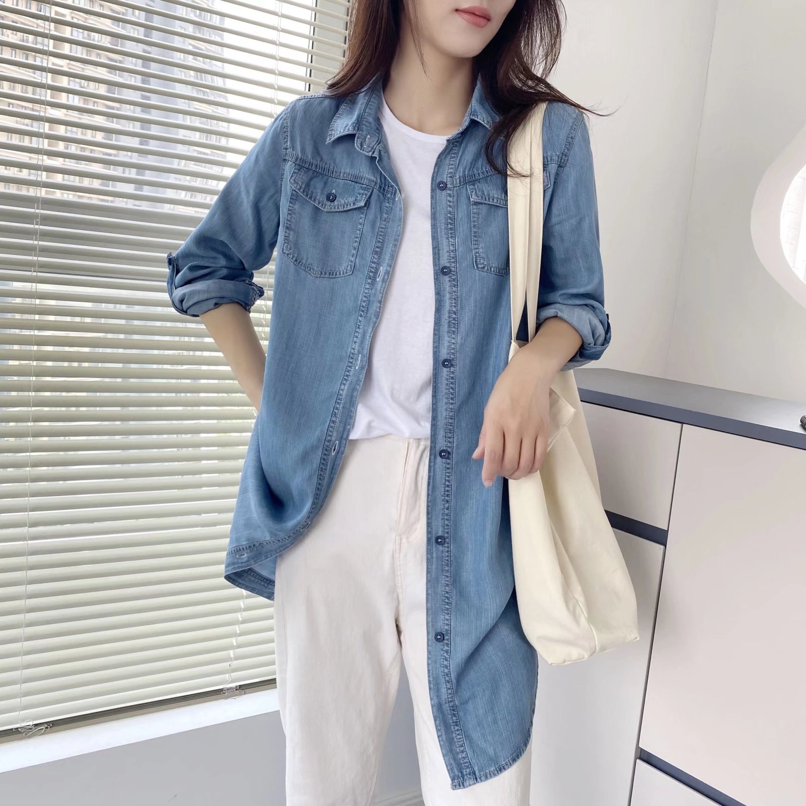 ​​Women’s Tencel Denim Shirt – Upgraded Breathable Long Sleeve Blouse (Light/Dark Blue, M-XXXL)​​_mkmklike.com