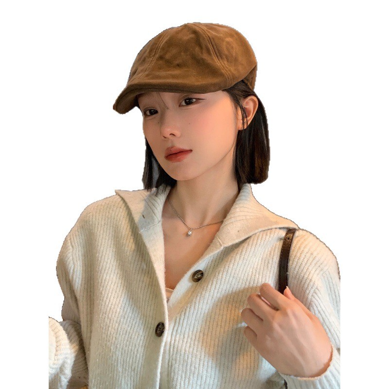 日系复古麂皮绒咖色前进帽女大头围显脸小文艺百搭反戴贝雷帽子潮|undefined