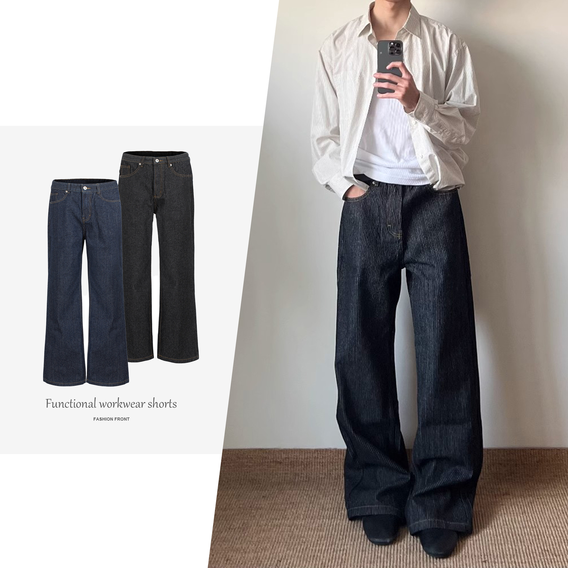 【Csmy】Xanvas Black Striped Raw Denim 14oz Washed Straight-Leg Flared Wide-Leg A-Line Jeans Versatile