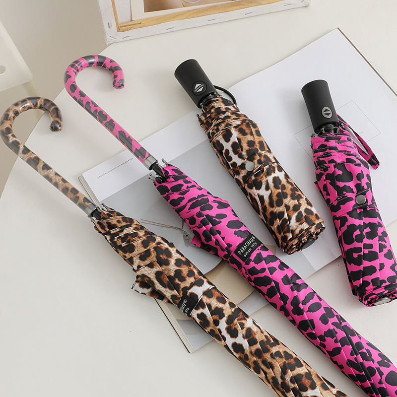 Parachase Leopard Print Automatic Long-Handled Umbrella Trendyy Korean Umbrella Foldableing Goddess Sunny Umbrella Drop Shipping