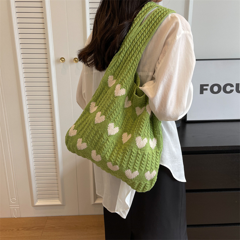 Bolso Tote de amor de punto Mori transfronterizo de alta calidad, lana exquisita, bolso de compras femenino de un solo hombro fresco y simple de moda image 4