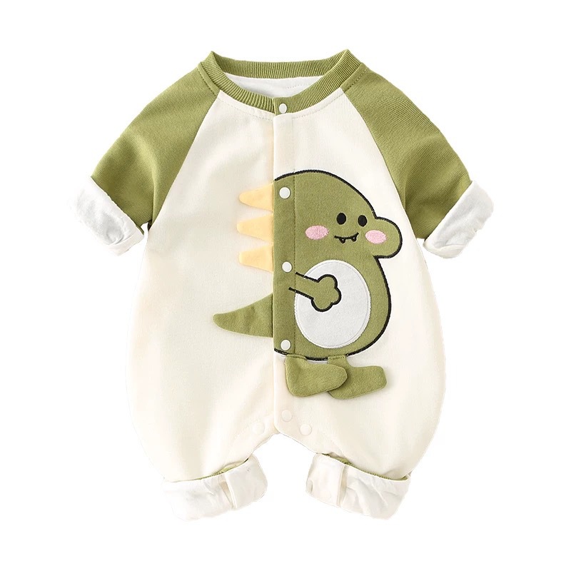 Ropa para bebés, abrigos de primavera y otoño, hombres y mujeres, bebés de dibujos animados, dinosaurios, tela de algodón de doble capa, una pieza, ropa de salida para recién nacidos