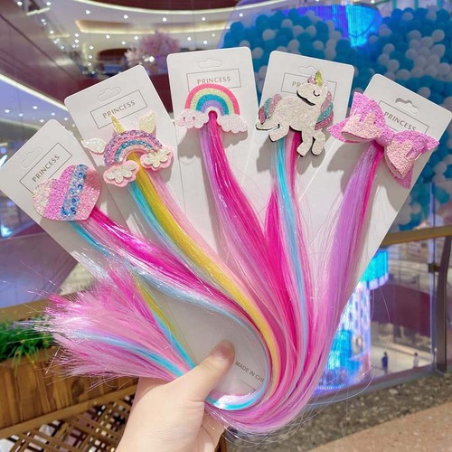 Multi-colored candy woven wig, colored straight hair wig for girls, bow and unicorn hair clip woven wig