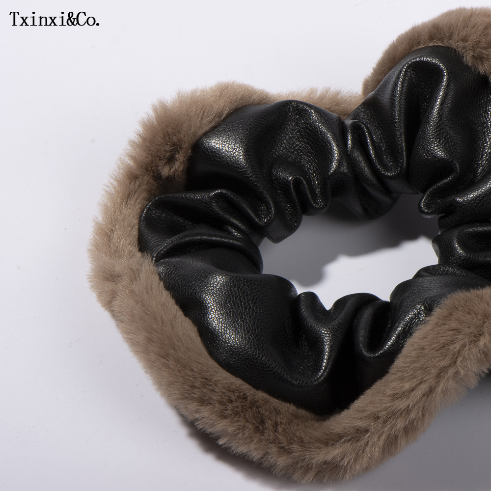 Large bowel scrunchie plush PU leather pleated scrunchie women's brown corset hair ponytail headwear_voghion.com