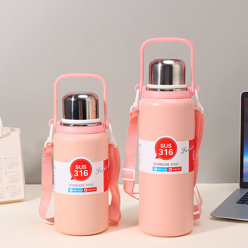 Cantimplora térmica portátil de acero inoxidable 316, gran capacidad (tipo tonel) – con correa, para niños y exterior.