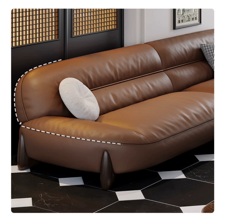 Sofá de cuero minimalista italiano estilo retrógrado francés sala de estar de fila recta de sofá de cuero de vaca