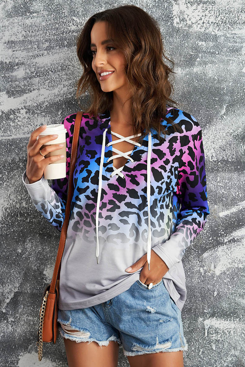Winter New Gradient Color Sweatshirt For Women Trendy Leopard Print Tie Pullover Hoodie_desvips.com