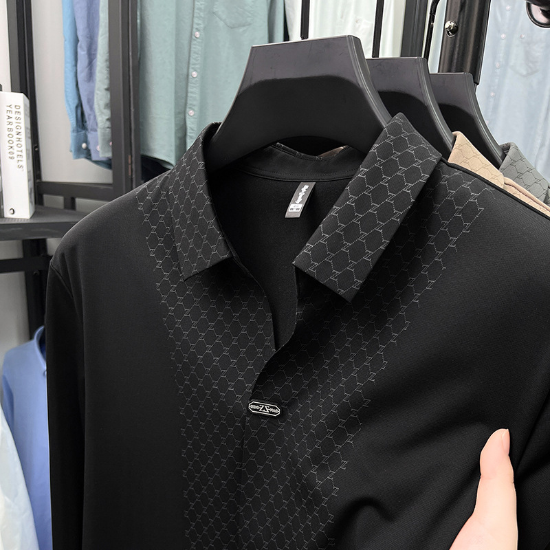 Cross-Border Seamless Long-Sleeve T-Shirt for Men 2025 Spring Business Casual Turn-Down Collar High-Elastic Ice Silk Men's Polo Shirt
