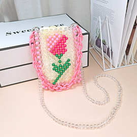 手工串珠包成品郁金香花朵包diy编织包珍珠斜挎包女包粉色手机包