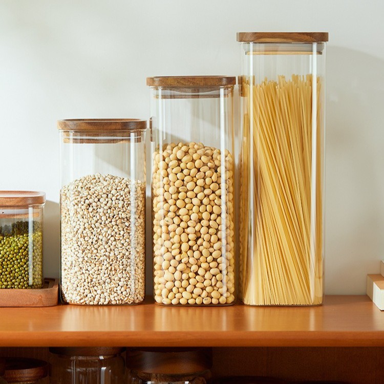 Glass Grain Sealed Jar Acacia Wood Lid Household Tea Jar Storage Jar Square Storage Jar Coffee Bean Storage Jar