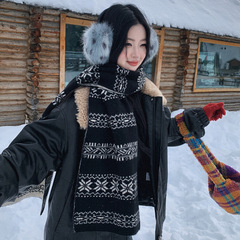 费尔岛围巾女冬季双面提花保暖针织披肩韩系双层加厚护颈条纹围脖