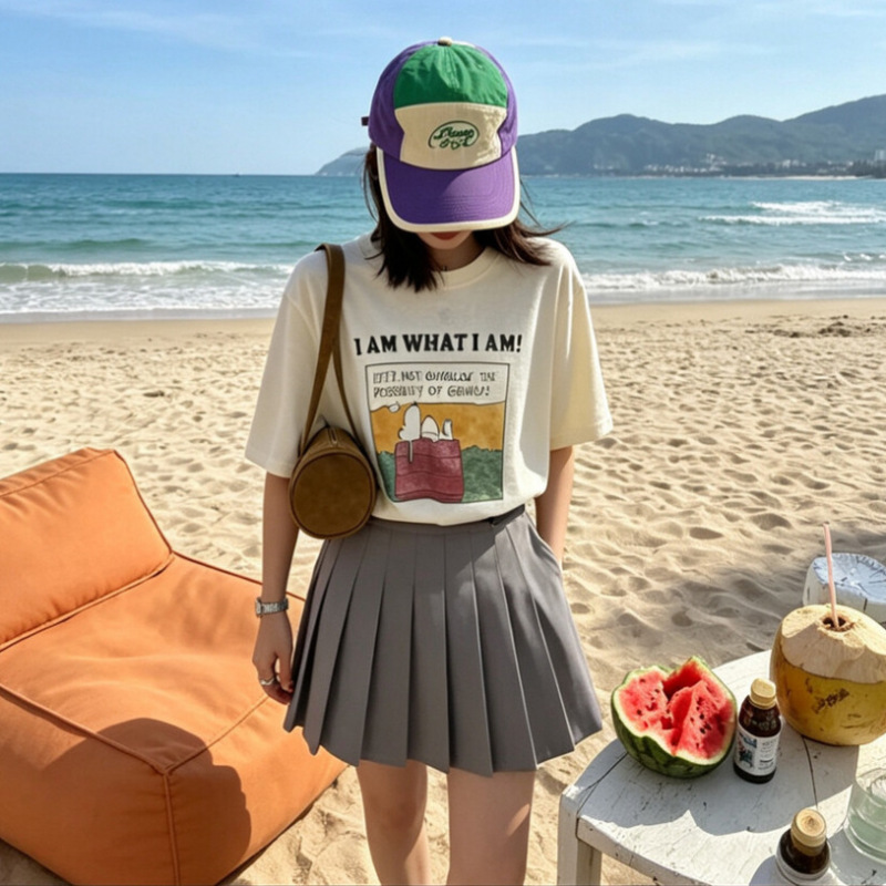 Korean-Style Snoopy Cartoon Letter Fun Print Short-Sleeve T-Shirt for Women, Loose Fit, Slimming, Versatile Round-Neck Top