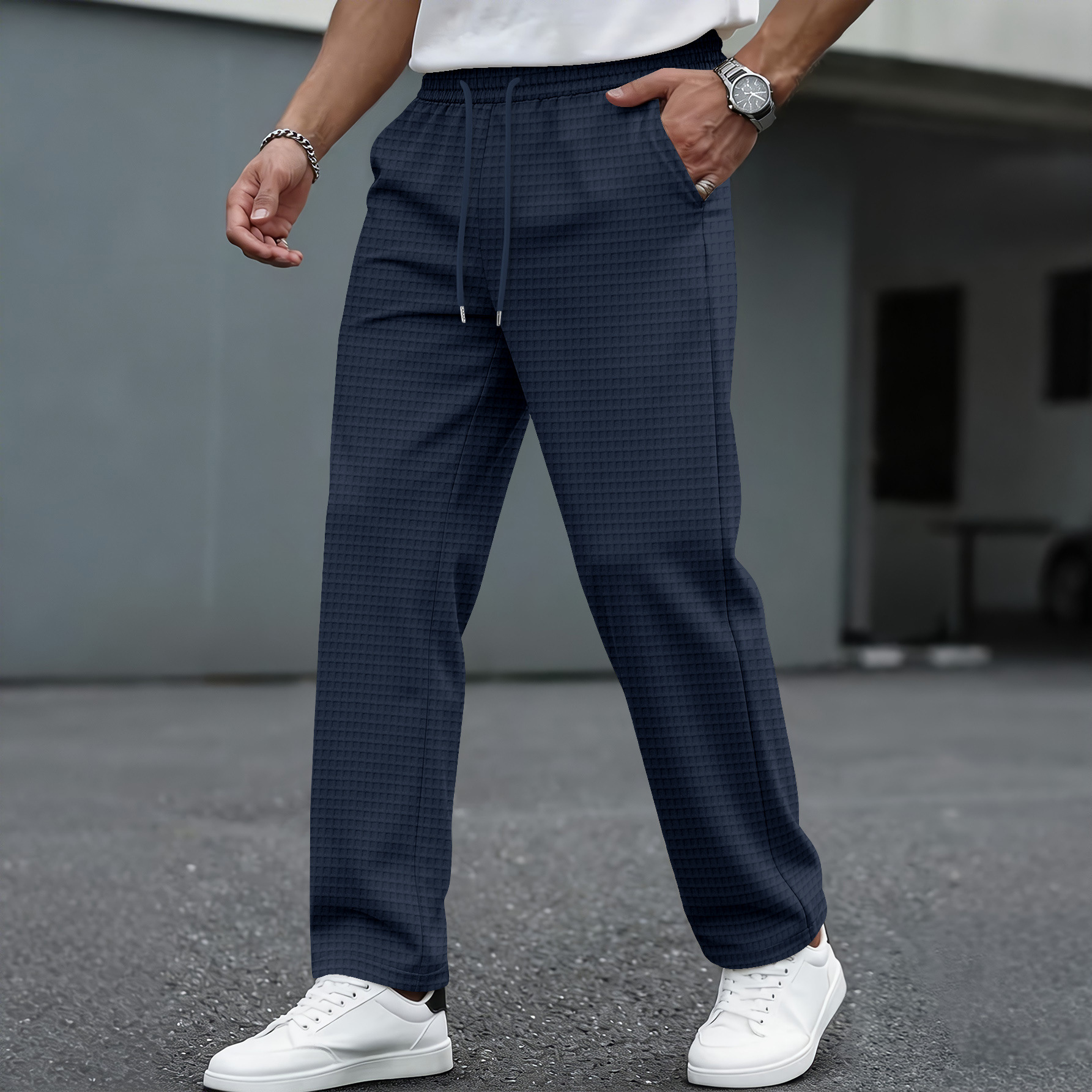 Men's Large Checkered Casual Sportswear Trousers Belted Waist Wide Leg Midweight Polyester Long Pants Black Gray Solid Color_viptrois.com