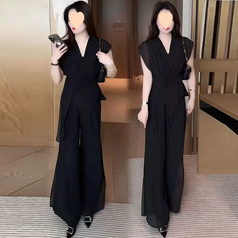 Шифоновый модный костюм для женщин 2025 лето новый стиль стройнящий асимметричный короткий рукав широкие брюки профессиональный двухкомпонентный комплект