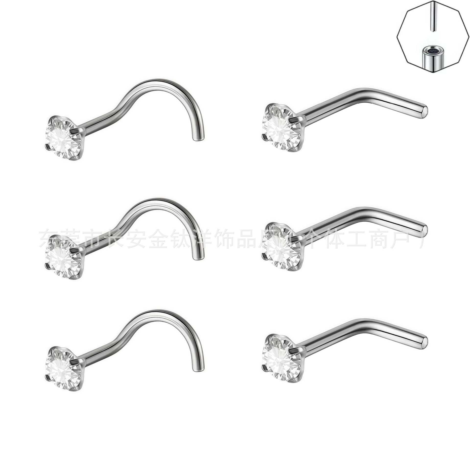 F136 Titanium 5-Shaped L-Shaped Nose Nail Set with 5A Zircon Nose Ring Lip Nail G23 Titanium Alloy Body Piercing Jewelry detail image 8