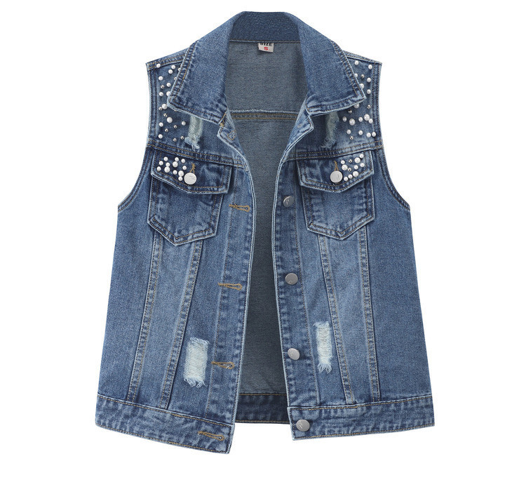 Colete jeans versátil com miçangas para mulheres moda casual_voghion.com
