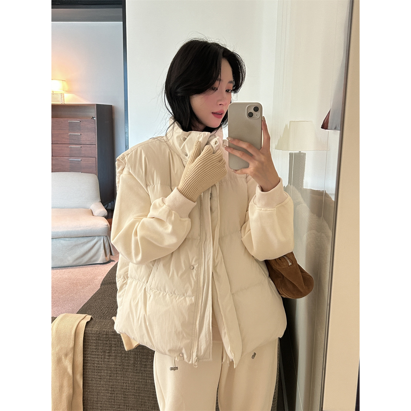 리몬 레몬 녹차 한국 다운 재킷 조끼 여자 겨울 니치 세련된 수직 칼라 코튼 패딩 재킷
