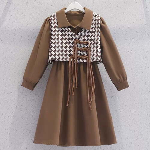 Girls Dress Autumn New Children's Korean Style Houndstooth Vest Shirt Skirt Children's Clothing Girls Spring and Autumn Two-piece Set