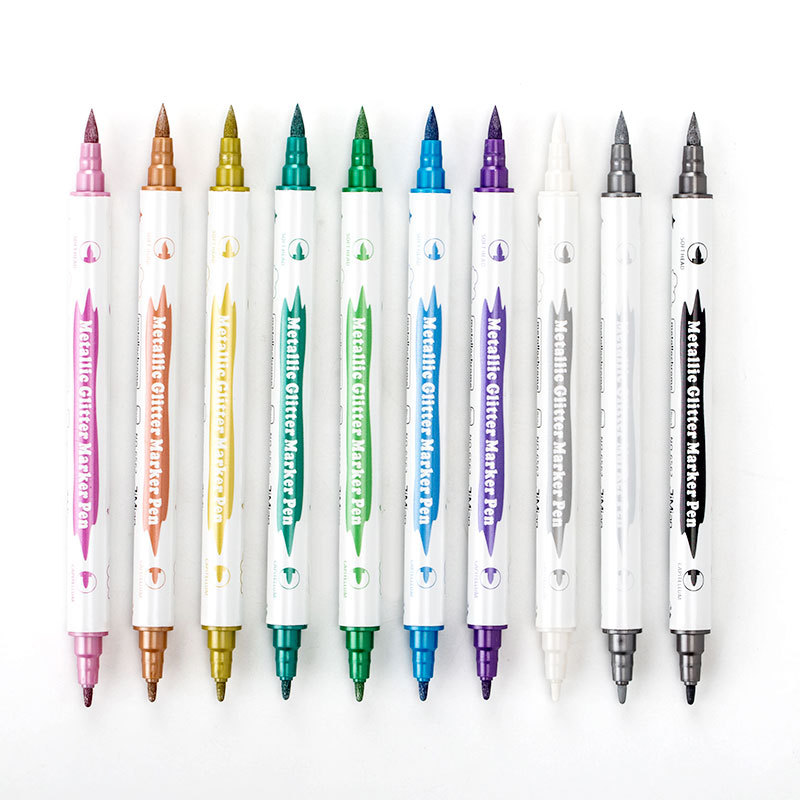 Marca de doble cabeza de metal color suave cabeza de la pluma cuenta de la mano pluma de productos genuinos arte pluma de alto brillo escritura regular pluma de metal brillante de oro