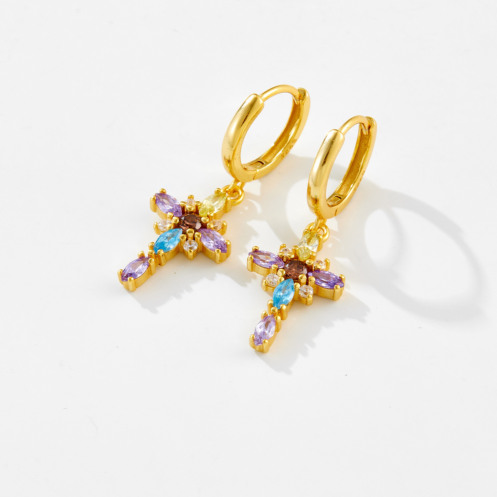 18K Real Gold Plated, White Gold Plated Plating Material Zircon Inlay Material 1 Pair 18K Gold Plated White Gold Plated 925 Sterling Silver Zircon Cross Drop Earrings