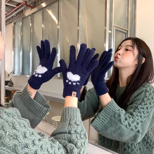 Gloves for women in winter, thickened and warm, touch-screen knitted, cute, plush, wool, cycling, cold-proof, split-fingered students, winter
