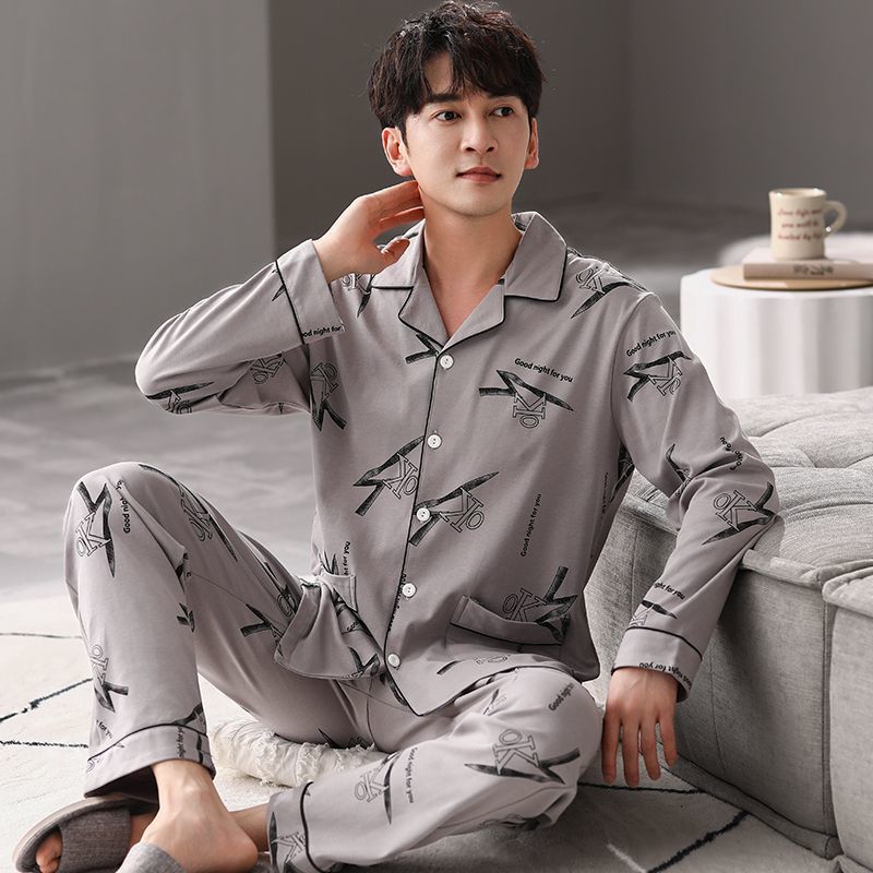 Cardigan pijamas de los hombres 100% algodón primavera y otoño se pueden usar fuera traje de manga larga invierno papá joven y de mediana edad ropa para el hogar