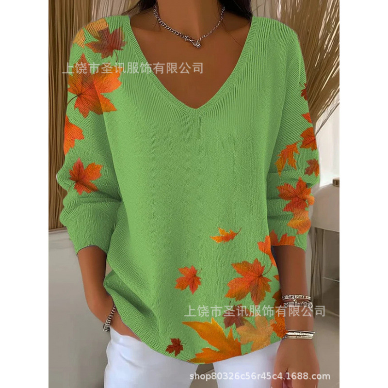 欧美跨境独立站新款3D印花女士时尚渐变色V领长袖T恤上衣|undefined