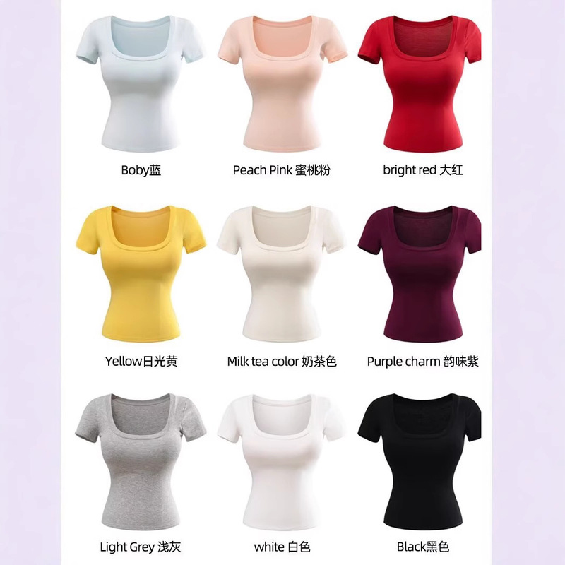 2025 Pure Lust Style 胸を広げる U ネック ローカット 半袖 T シャツ 女性用 胸パッド付き スリムフィット ボトムス 右肩トップ|undefined