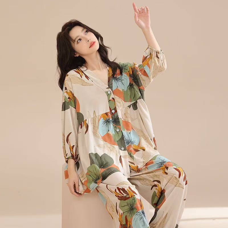 跨境爆款印花七分袖大码宽松pyjamas可日常外穿家居服两件套|undefined