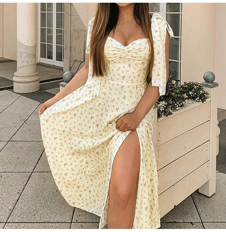 Fashion V-neck Sling Lace-up Halter Floral Split Base Dress NSHHF53621