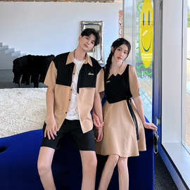 法式情侣装2023夏季新款复古潮流气质修身拼接假两件连衣裙男衬衣