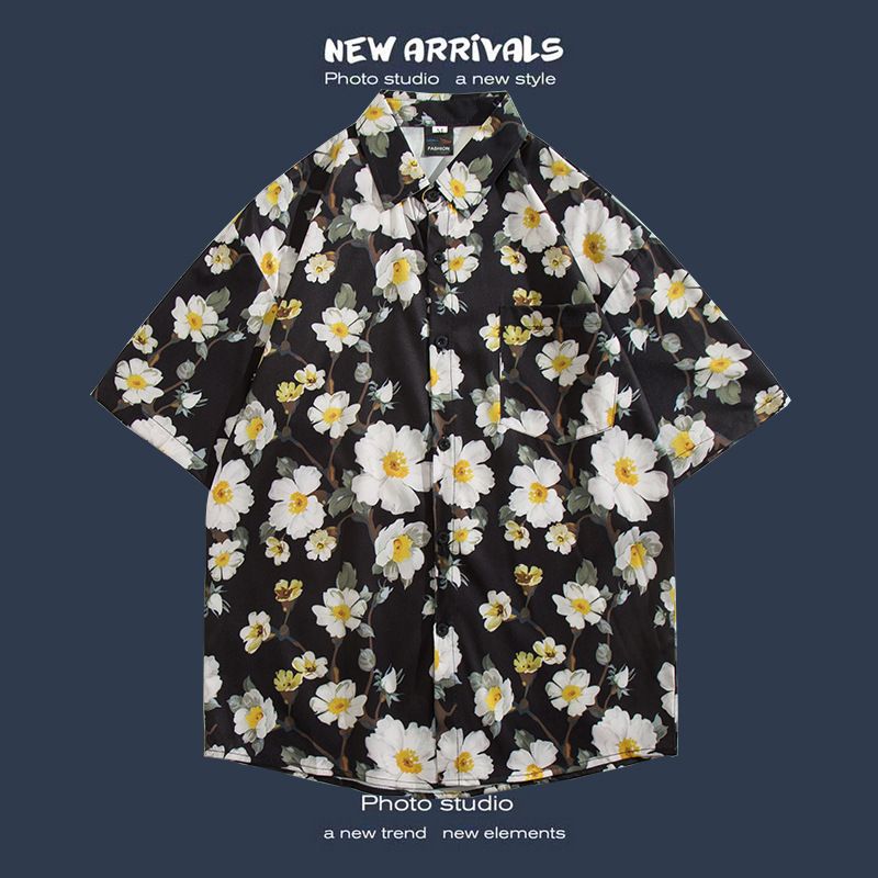 Camisa floral de manga corta Estilo de Hong Kong estilo retro de vetiver Estilo coreano moda guapo camisa de hombres y mujeres de moda y top de hadas