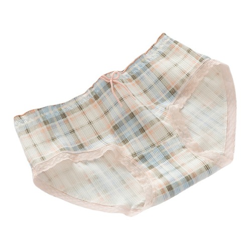 Plaid Japanese underwear women's ribbed cotton girls' pants pure cotton crotch mid-waist shorts women's crotch briefs wholesale