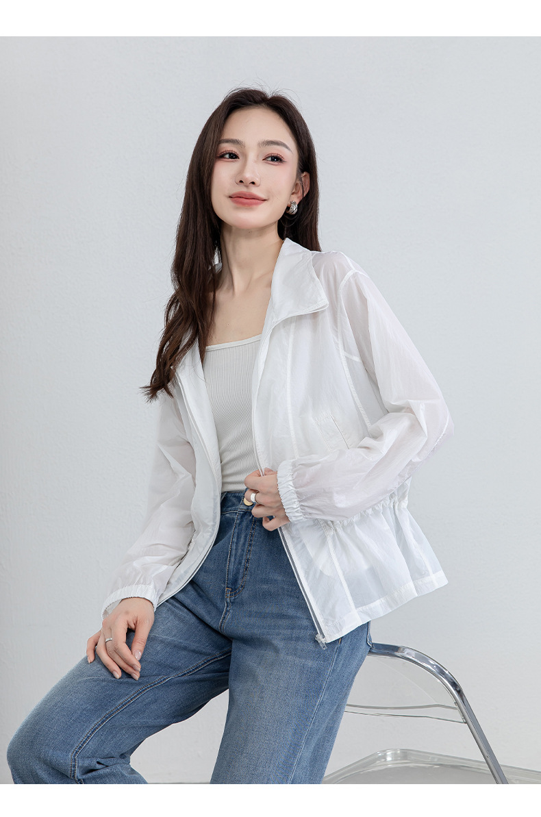 Áo chống nắng nữ dáng dài cổ đứng thắt eo màu xanh da trời — xanh lam chi tiết 21