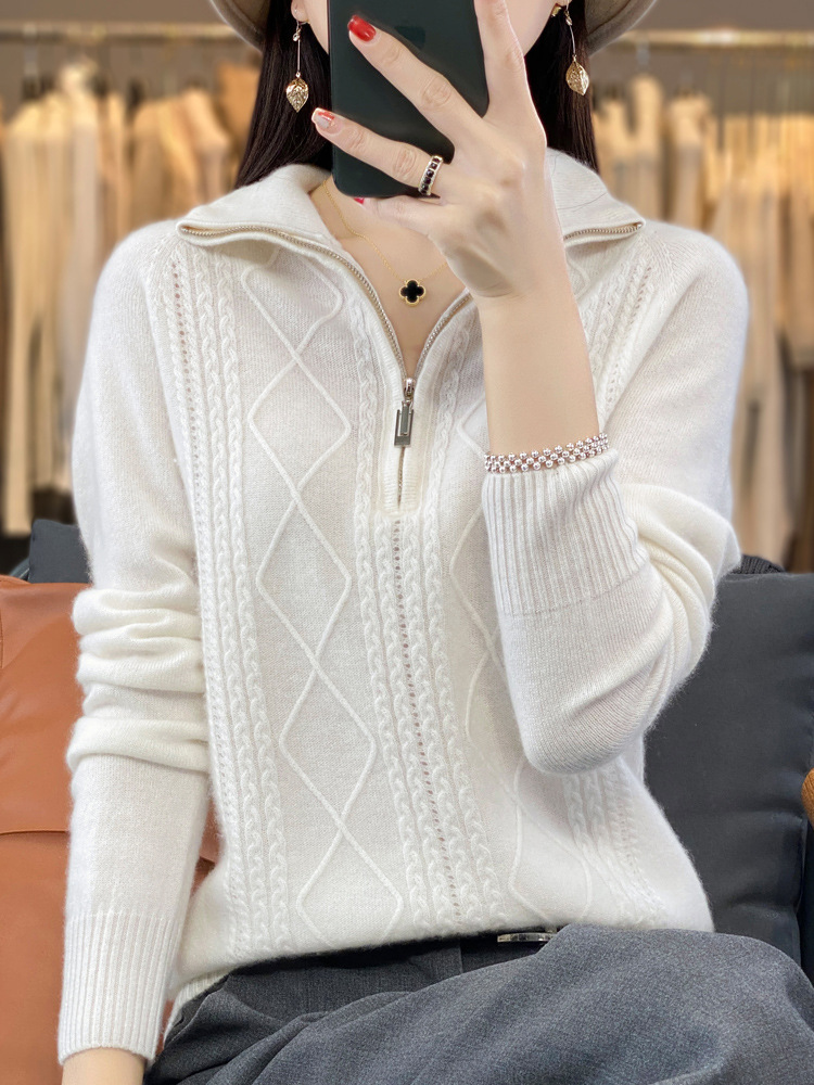 Lapel Wool Knitwear Women's Autumn and Winter Twisted Half-Zip Cashmere Knitwear Loose and Versatile Warm Bottoming Shirt Top