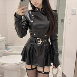 甜酷辣妹复古双排扣立领皮衣连衣裙女春秋季设计感机车风收腰短裙