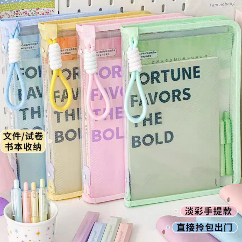 Bolsa de archivo de bolsa de cremallera de madera contrachapada portátil de sarga color caramelo asa transparente papel de prueba almacenamiento de datos A4 de gran capacidad