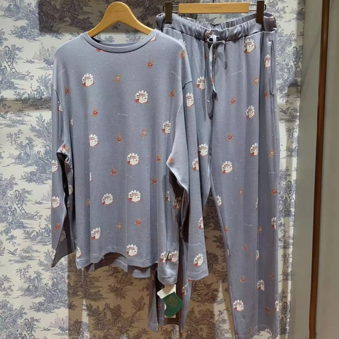 Gp Pajamas Unlabeled Soft and Fluffy Ice Cream Cartoon Bear Cake Round Neck Long Sleeve Long Pants Men's Home Wear Pajamas